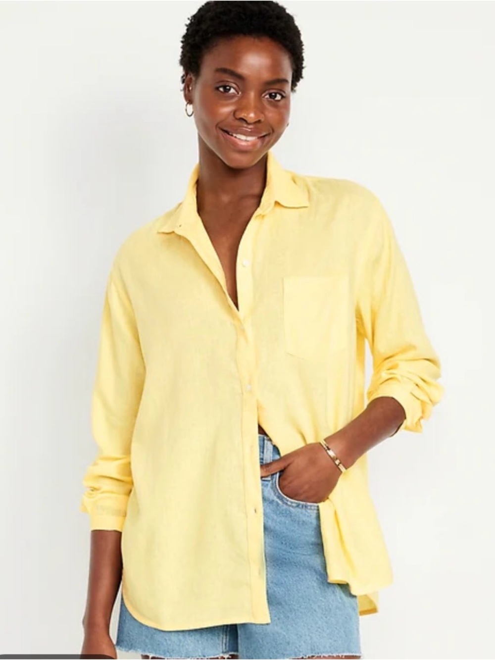 Linen-Blend Button-Down Boyfriend Shirt